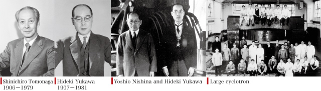 Photograph of Shinichiro Tomonaga, Hideki Yukawa and Large cycrotron